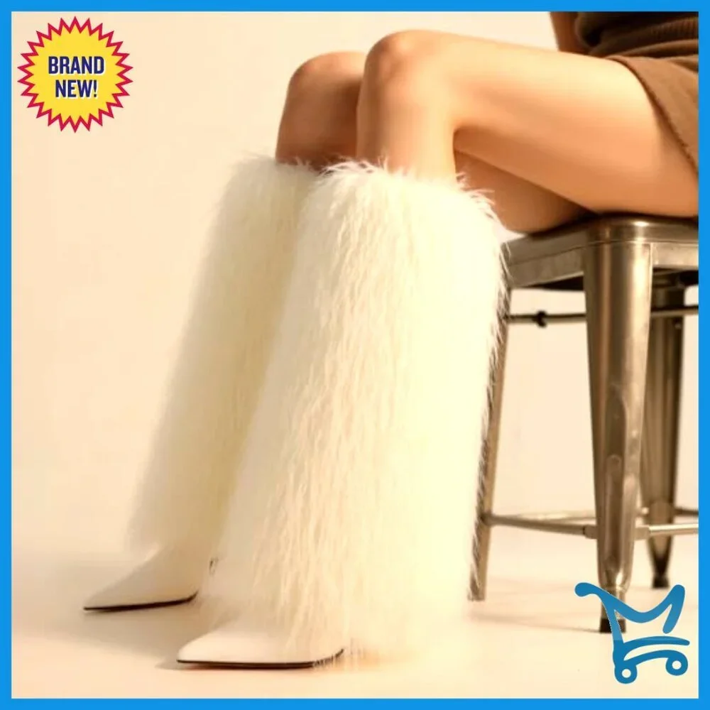 Knee High Faux Fur Boots Stiletto Heel Wide Calf Winter Boots